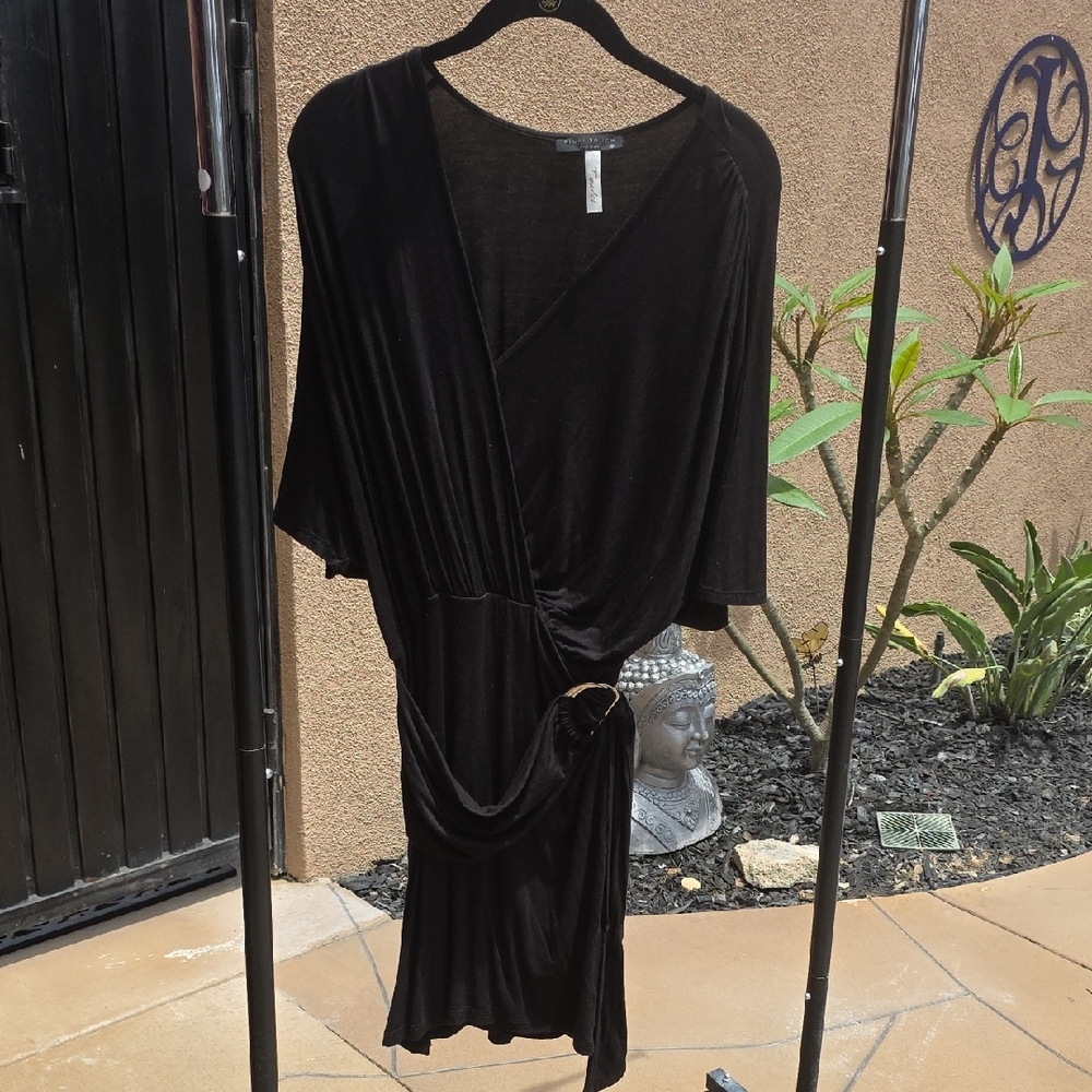 Final Touch Black Sheath Dress with Plunge Neckline and Dolman Sleeves